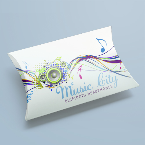 Isolated shot of blank pillow shape box on white background